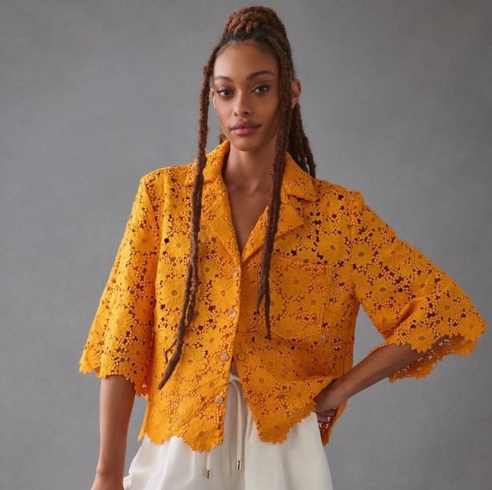 Maeve by Anthropologie Marigold Floral Lace Button Front Shirt Jacket Small